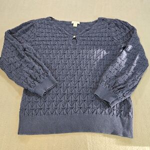 Sundance‎ Sweater Womens Medium Blue Pointelle Open Knit V-Neck Keyhole Cotton